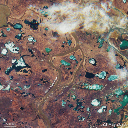 El derrame de combustible en Siberia visto por el satélite Sentinel-2 a lo largo de los días