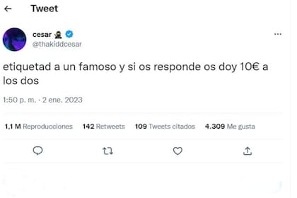 El desafío del usuario César consisitó en ofrecer 10 euros a la persona que consiguiera la respuesta de un famoso, y 10 euros también para el famoso que contestara