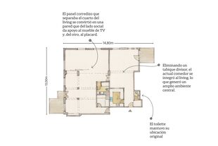 Unificar las viviendas vecinas permitió integrar dos ambientes para hacer el gran living-comedor.