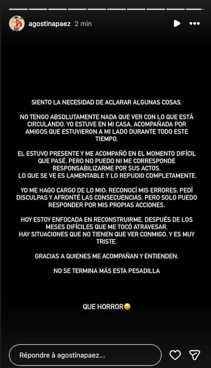 El descargo de Agostina Páez