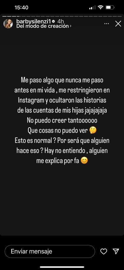 El descargo de Barby en las redes tras ser restringida por un