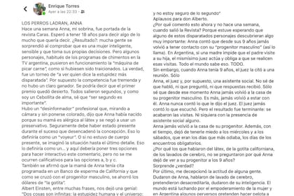 El descargo de Enrique Torres contra Andrea del Boca. Fuente: Facebook