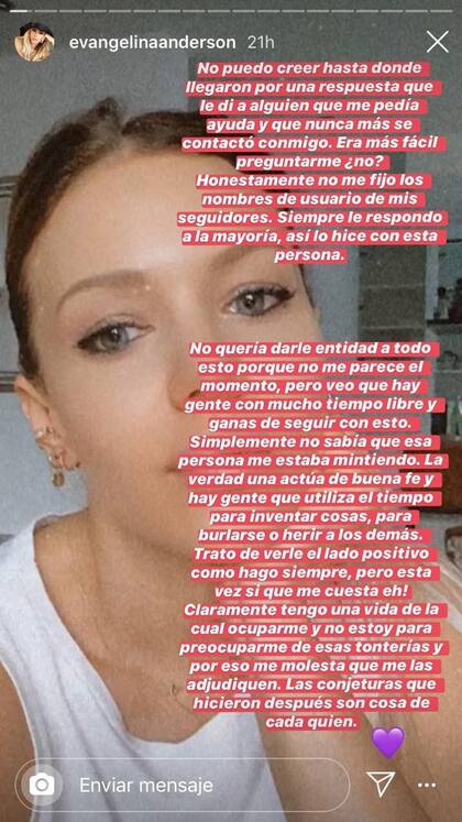 El descargo de Evangelina en sus Historias de Instagram.