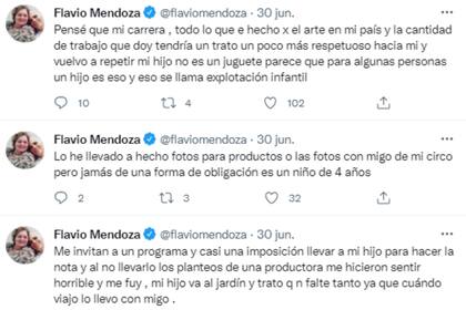 El descargo de Flavio Mendoza en Twitter contra la productora de un programa de televisión (Foto: Twitter @flaviomendoza)