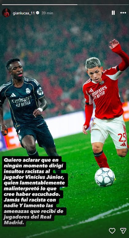 El descargo de Gianluca Prestianni en redes sociales tras el cruce con Vinicius