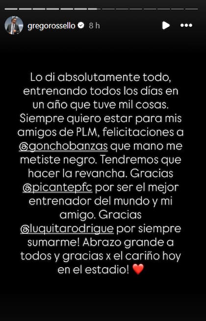 El descargo de Grego en sus redes sociales