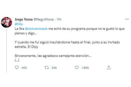 El descargo de Jorge Yoma en Twitter luego de que Viviana Canosa lo echara de su programa (Foto: Twittter @negroyoma)