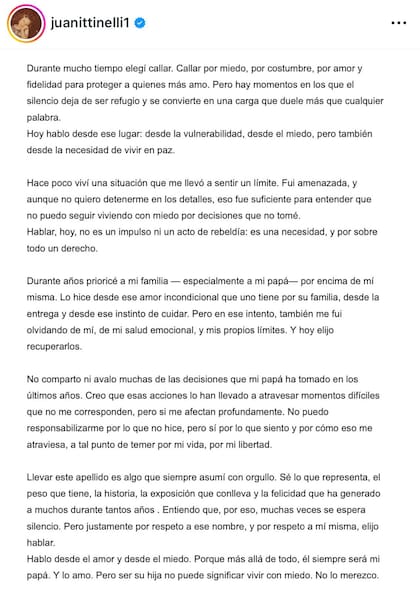El descargo de Juanita Tinelli en sus redes (Fuente: @juanittinelli1)