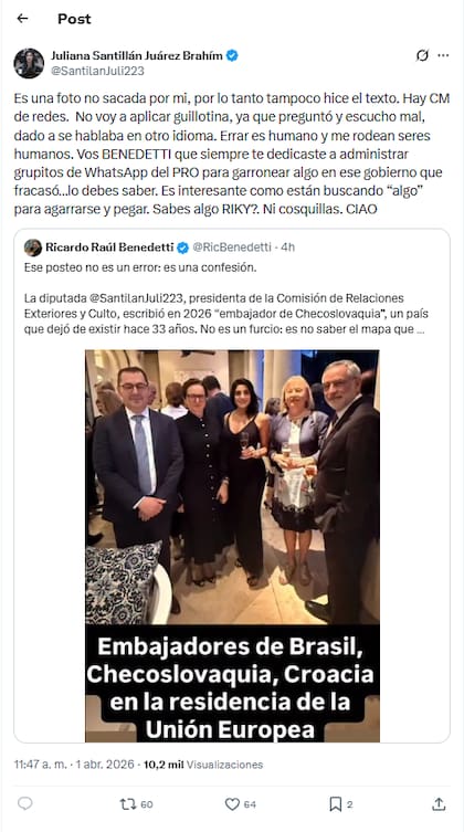 El descargo de Juliana Santillán tras la mención errónea a Checoslovaquia en una historia de Instagram