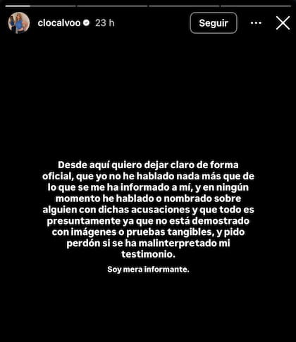 El descargo de la influencer Claudia Calvo en su cuenta de Instagram