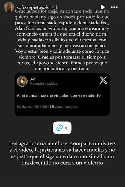 El descargo de la novia de Alan Sosa tras la denuncia por violencia de género