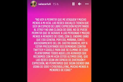 El descargo de Luciana Salazar, en las redes, tras las críticas que recibió en torno a su hija