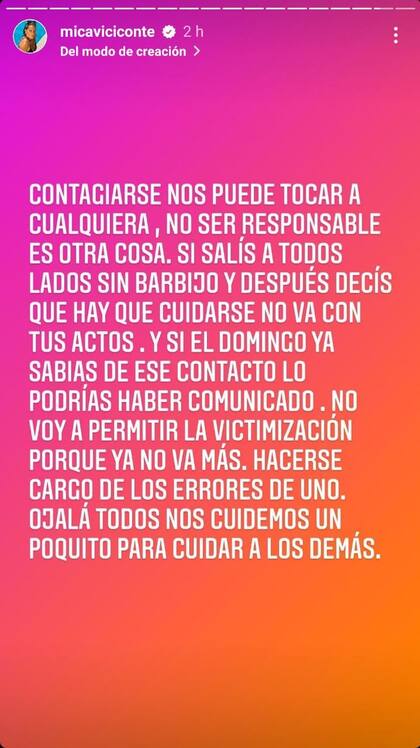 El descargo de Mica Viciconte tras la confirmación del covid positivo de Nicole Neumann