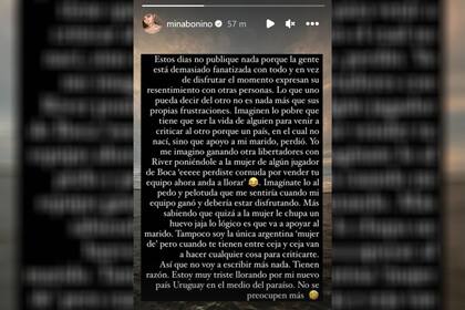 El descargo de Mina Bonino en Instagram