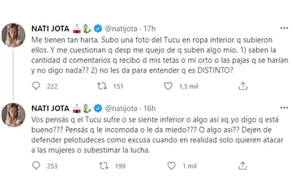 El descargo de Nati Jota luego de que la acusaran de "cosificar" a Joaquín "Tucu" Correa