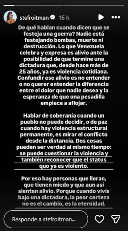 El descargo de Stefi Roitman tras la captura de Nicolás Maduro