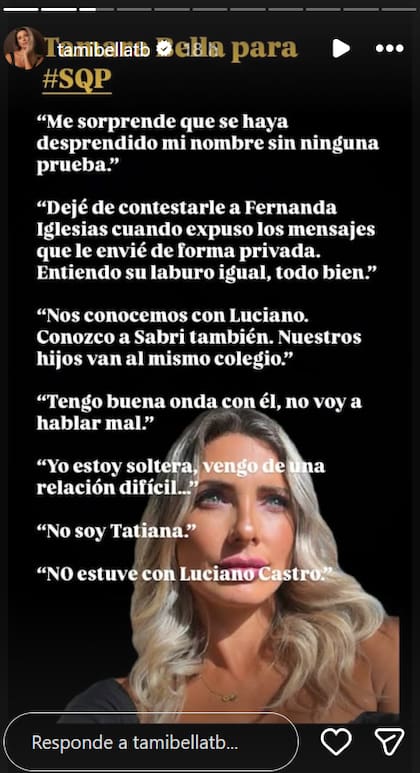 El descargo de Tamara Bella en Instagram tras ser vinculada con Luciano Castro