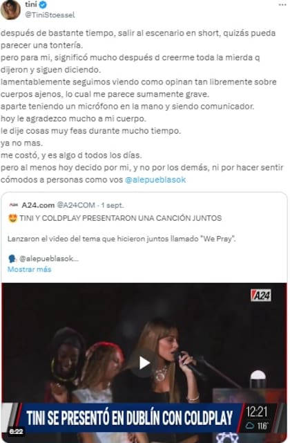 El descargo de Tini Stoessel tras el comentario de Alejandro Pueblas