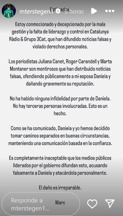 El descargo del arquero alemán tras la exposición mediática de su caso, que incluyó una versión de una posible infidelidad