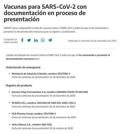 El detale que figura en la web de la Anmat de los diferentes procesos de aprobación y registro de vacunas contra la Covid-19