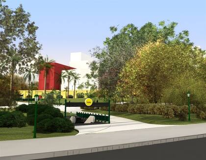 El detalle de uno de los accesos, con el shopping como fondo