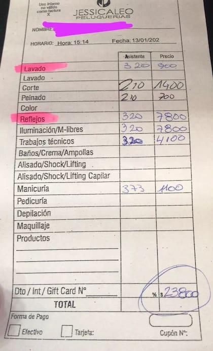 El detalle del Ticket que compartió el hombre que pasó por la peluquería