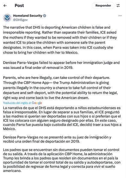 El DHS declaró que fue la propia Denisse quien decidió llevar consigo a los niños en su proceso de deportación. (Foto: Captura de pantalla)