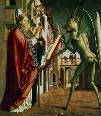 El diablo entregándole a San Agustín el libro de los vicios. Artista: Michael Pacher (c1435-1498)
