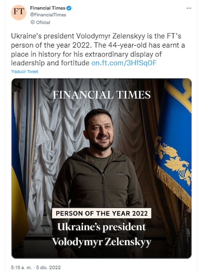 El diario británico Financial Times nombró a Volodimir Zelenski como persona del año
