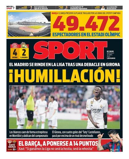El diario catalán Sport se enfocó en la caída de Real Madrid, una "humillación", causada por los "cuatro goles del 'Taty' Castellanos".