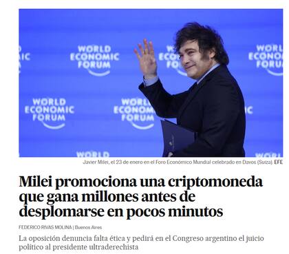 El diario El País ponderó la nota sobre Milei y el desplome de LIBRA$ en el 'home' de este 15 de febrero.