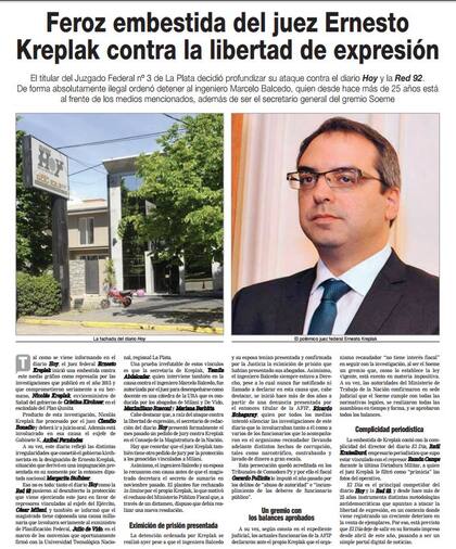 El diario Hoy apunta contra el juez federal Ernesto Kreplak que ordenó la detención de Balcedo