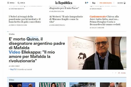 El diario italiano La Repubblica recordó a Quino con un destacado en su portada web