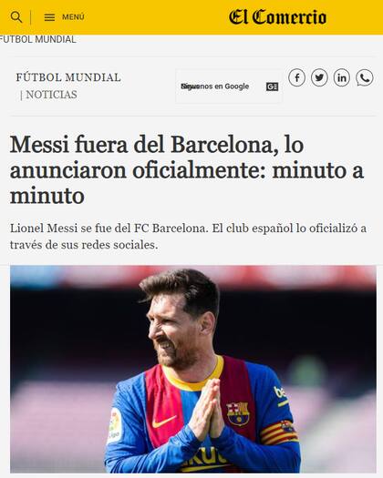 El diario peruano El Comercio ofrece una cobertura minuto a minuto de la noticia de la salida del argentino.