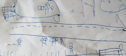 El dibujo de Lázaro: el alambrado, él junto a los alambradores y su padre y; en la misma imagen, en la ruta en la camioneta de nuevo junto a su padre