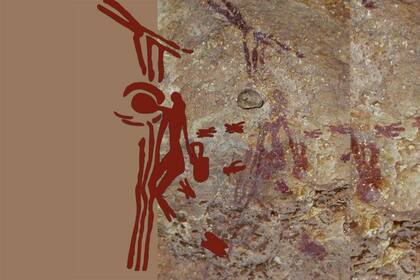 El dibujo muestra a un humano colgado de unas lianas metiendo la mano en un panal para recolectar miel de abejas silvestres