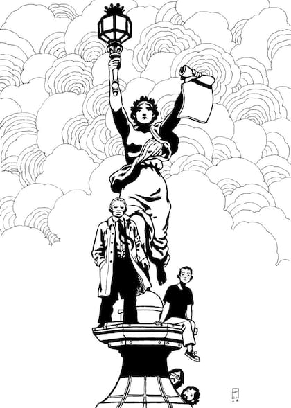 El dibujo que Ignacio Minaverry le entregó a José Muñoz, con los personajes de Alack Sinner y Sophie junto a la farola Palas Atenea, y con Muñoz y Carlos Sampayo observando la escena