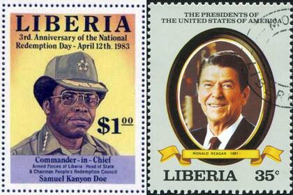 El dictador liberiano Samuel Kanyon Doe y el presidente los Estados Unidos, Ronald Reagan en dos sellos postales de Liberia