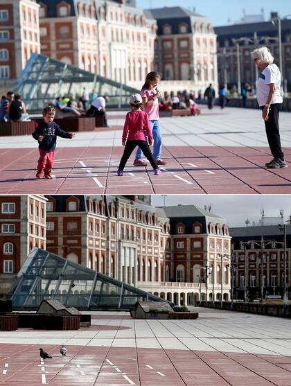 Jugar en las baldosas del centro era posible en las Pascuas marplatenses el año pasado; el mismo lugar, vacío hoy