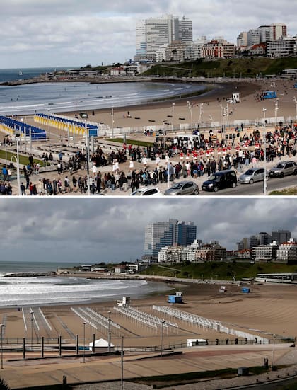 El díptico muestra el movimiento turístico en Mar del Plata el fin de semana largo de Pascuas de 2019, en comparación con la situación actual por la pandemia de coronavirus