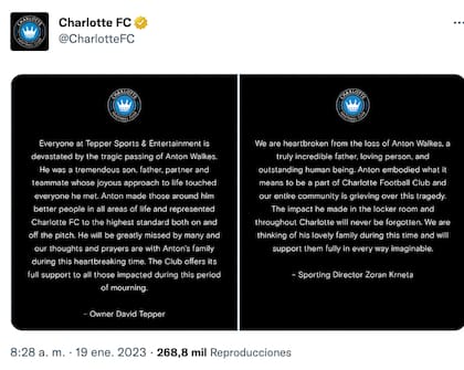 El director del Charlotte FC envió sus condolencias por la muerte de Anton Walkes
