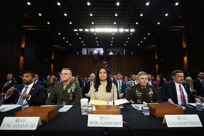 El director del FBI, Kash Patel; el director de la Agencia de Inteligencia de la Defensa (DIA, por sus siglas en inglés); , la directora de Inteligencia Nacional norteamericana, Tulsi Gabbard; el teniente general James Adams III; el teniente general del Ejército William Hartman, y el director de la CIA, John Ratcliffe.