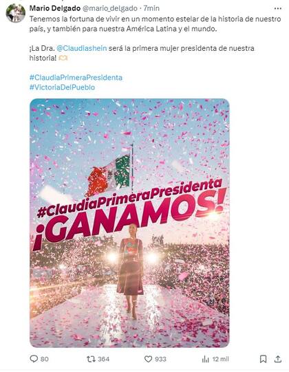 El dirigente de Morena felicitó a su candidata por su supuesto triunfo; hasta el momento el INE no ha confirmado los resultados preliminares
