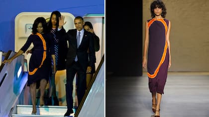 El diseño adaptado especialmente para la primera dama de los Estados Unidos corresponde a la colección primavera-verano 2016, de Narciso Rodríguez. En la foto, la modelo argentina Mica Aragañaraz lo presentó en el desfile del diseñador