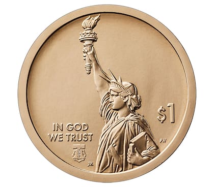 El diseño del anverso (cara) de las monedas de 1 dólar de la serie Innovación Estadounidense presenta una representación impactante de la Estatua de la Libertad de perfil con la inscripción "IN GOD WE TRUST" (En Dios confiamos)