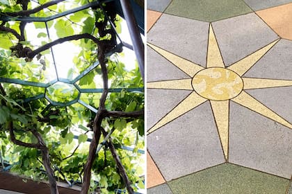 El diseño en forma de estrella del piso de la entrada a la casa se repite en la pérgola de hierro pintada del mismo color que las aberturas.