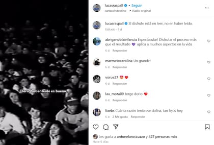 "El disfrute está en leer", la publicación que Anto Roccuzzo le destacó a Lucas Raspall