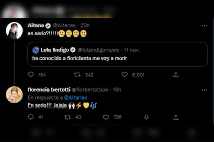 El divertido ida y vuelta entre Lola Índigo, Aitana y Florencia Bertotti (Foto: Captura de Twitter)