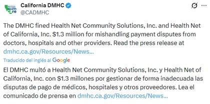 El DMHC multó a Health Net Community Solutions, Inc. y Health Net of California