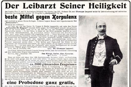 El doctor Lapponi promocionaba en Alemania un tónico adelgazante llamado “Antipostin”, elaborado por la droguería Wagner and Mailier, propiedad de Ernst Ferdinand Emil Marlierl